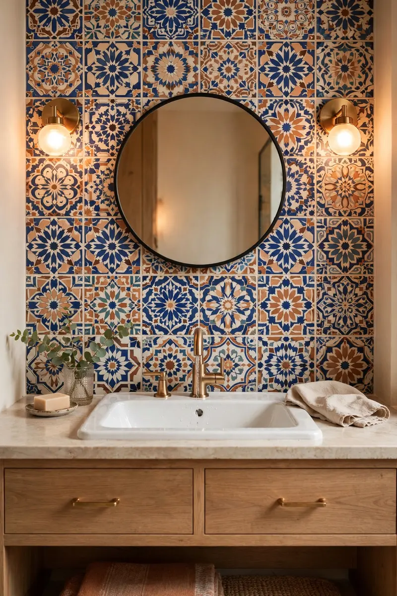 Colorful Moroccan peel-and-stick tiles on a bathroom vanity wall