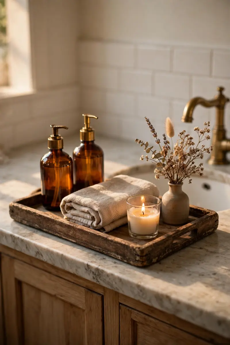Vintage wooden tray with amber soap bottles on a bathroom counter