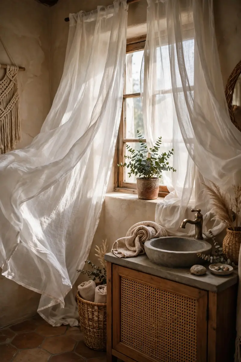 Sheer white linen curtains at a small bathroom window