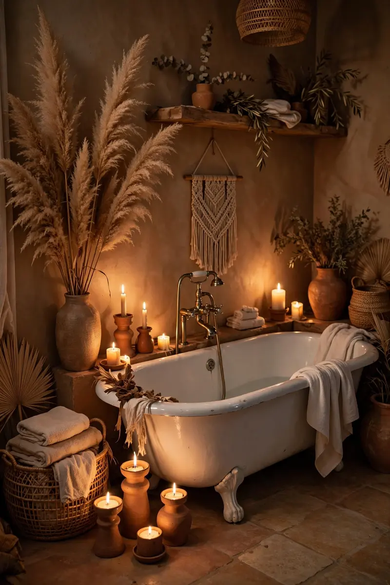 Candles and dried pampas grass arranged around a bathtub