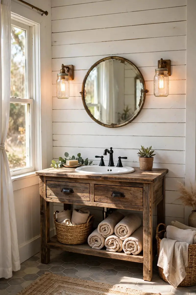 Farmhouse bathroom decor ideas — white shiplap walls with reclaimed wood vanity and mason jar sconces