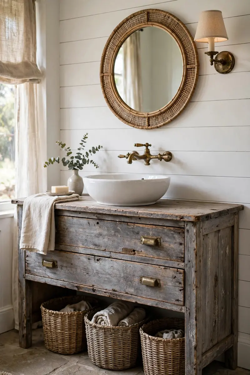 Farmhouse bathroom decor ideas — reclaimed wood vanity with vessel sink and aged brass faucet