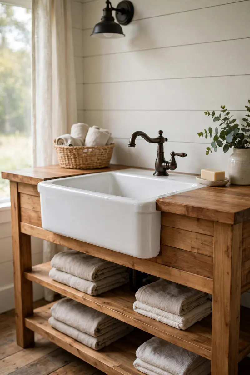 Farmhouse bathroom decor ideas — white apron-front farmhouse sink on a wooden vanity