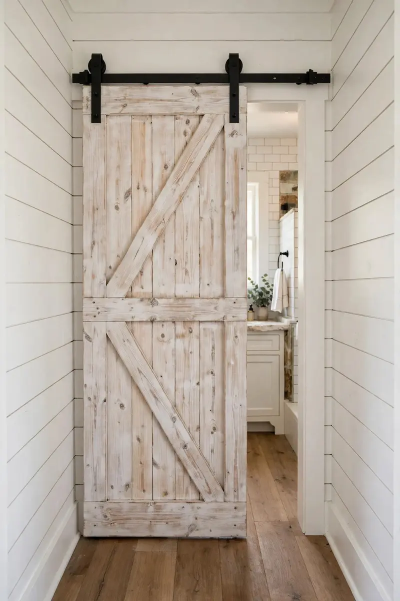 Sliding whitewashed barn door with black iron hardware at a farmhouse bathroom entry
