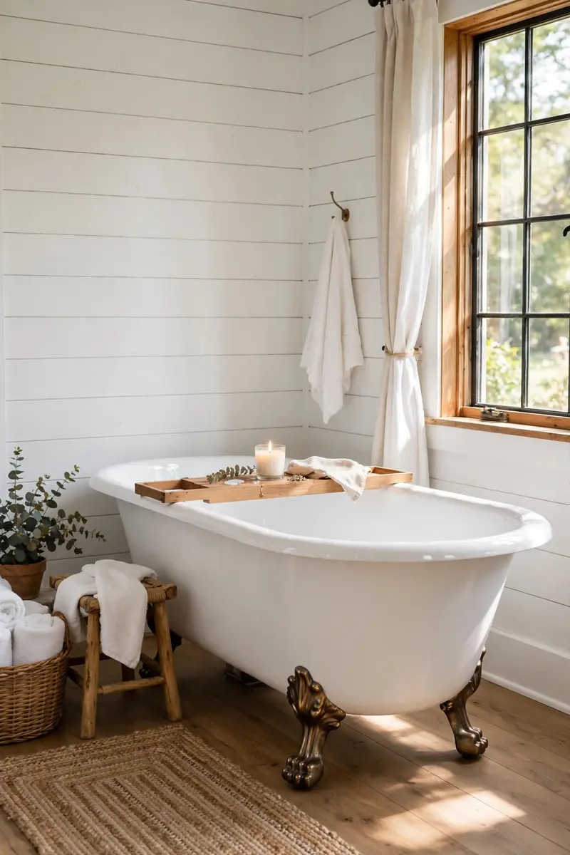White clawfoot tub with wooden bath caddy in a bright farmhouse bathroom