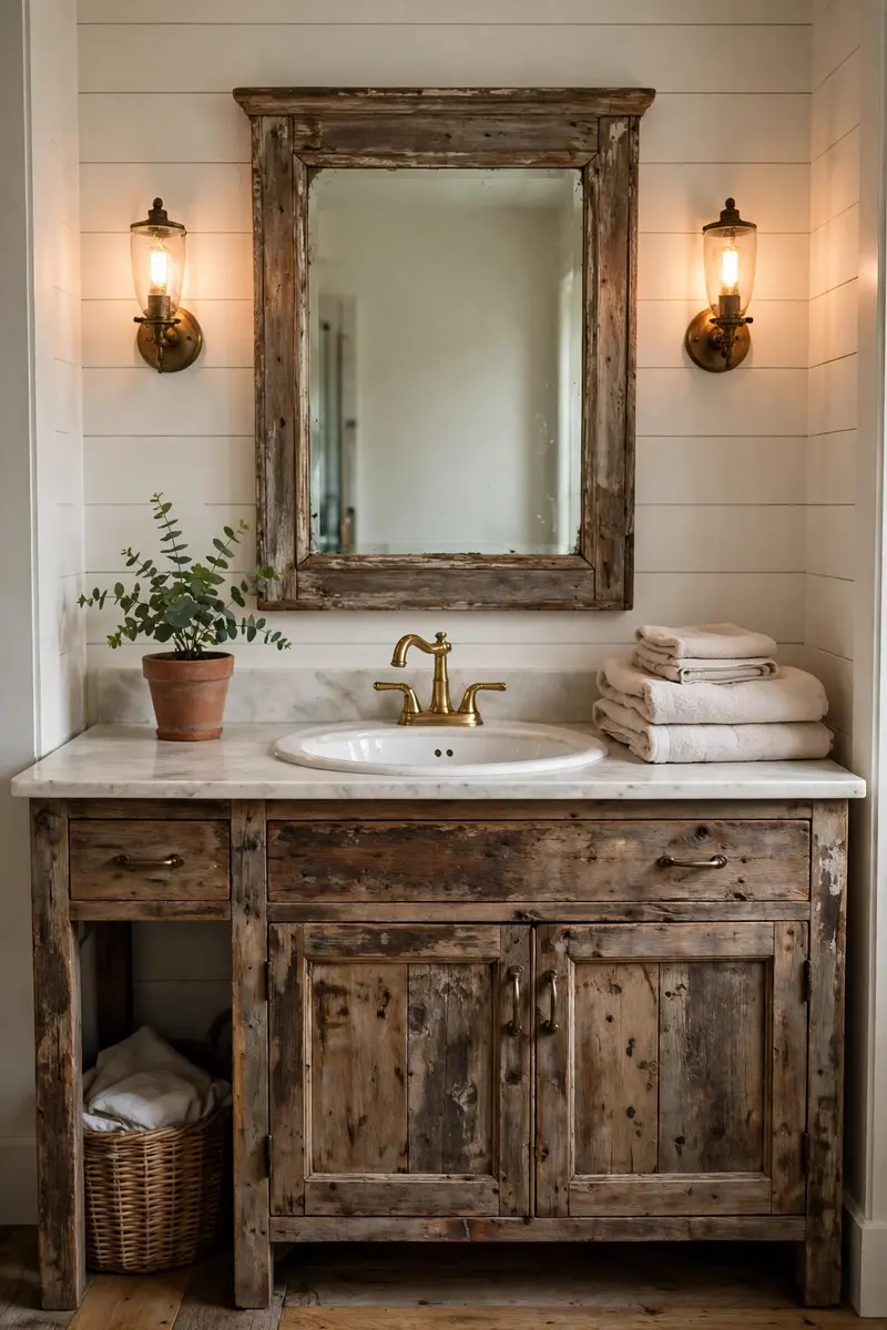 Vintage round mirror in a distressed reclaimed wood frame over a farmhouse vanity