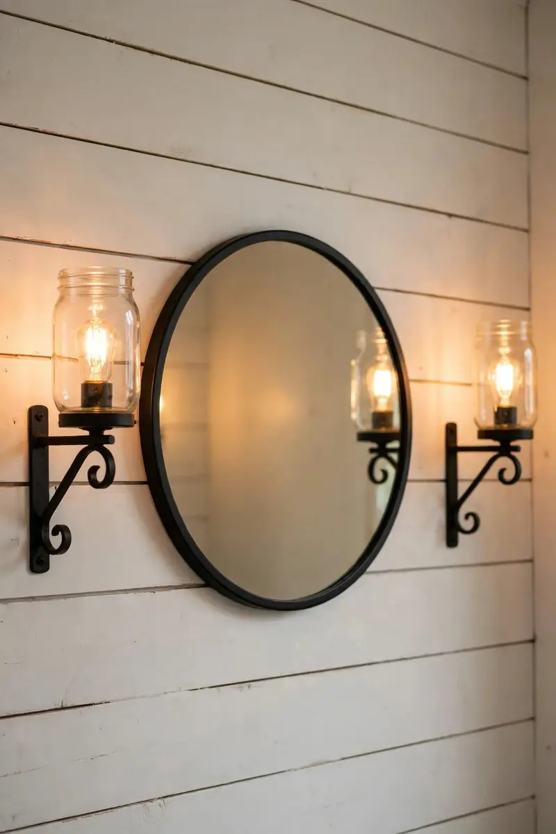 Mason jar sconces with warm Edison bulbs flanking a mirror in a farmhouse bathroom
