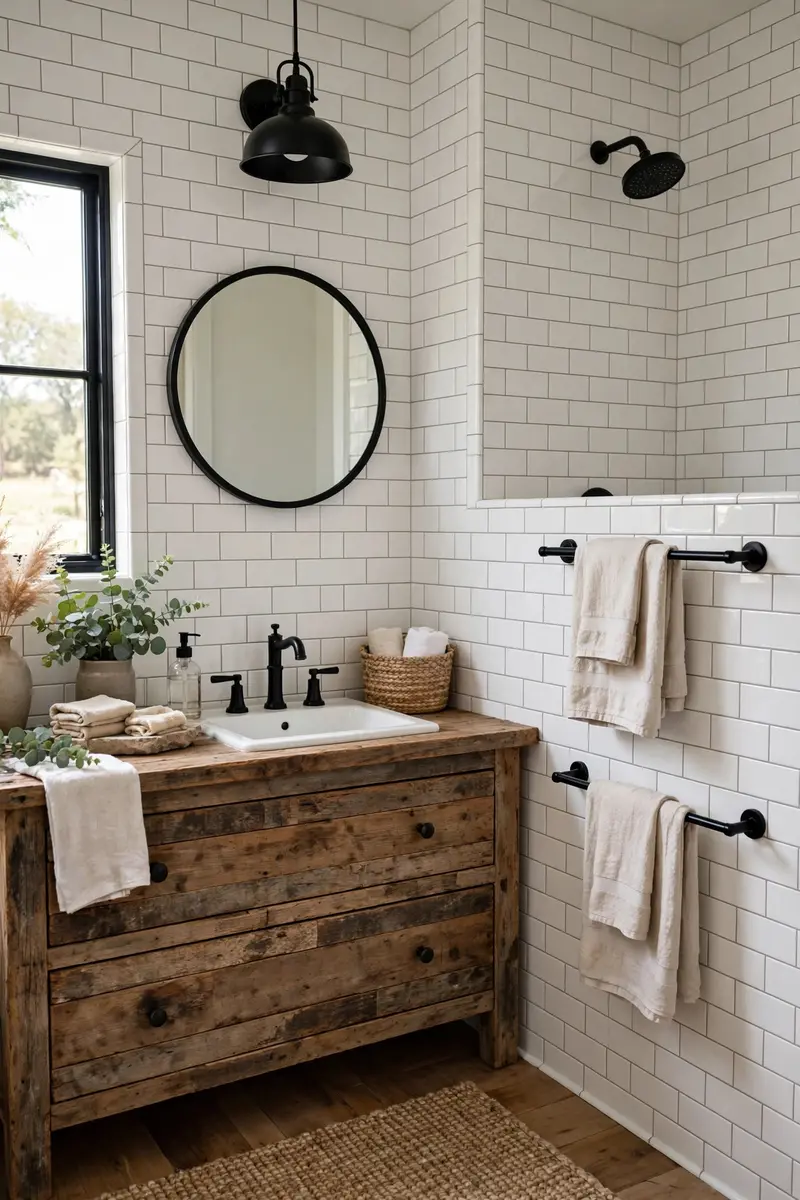 Matte black faucet and fixtures against white subway tile in a farmhouse bathroom
