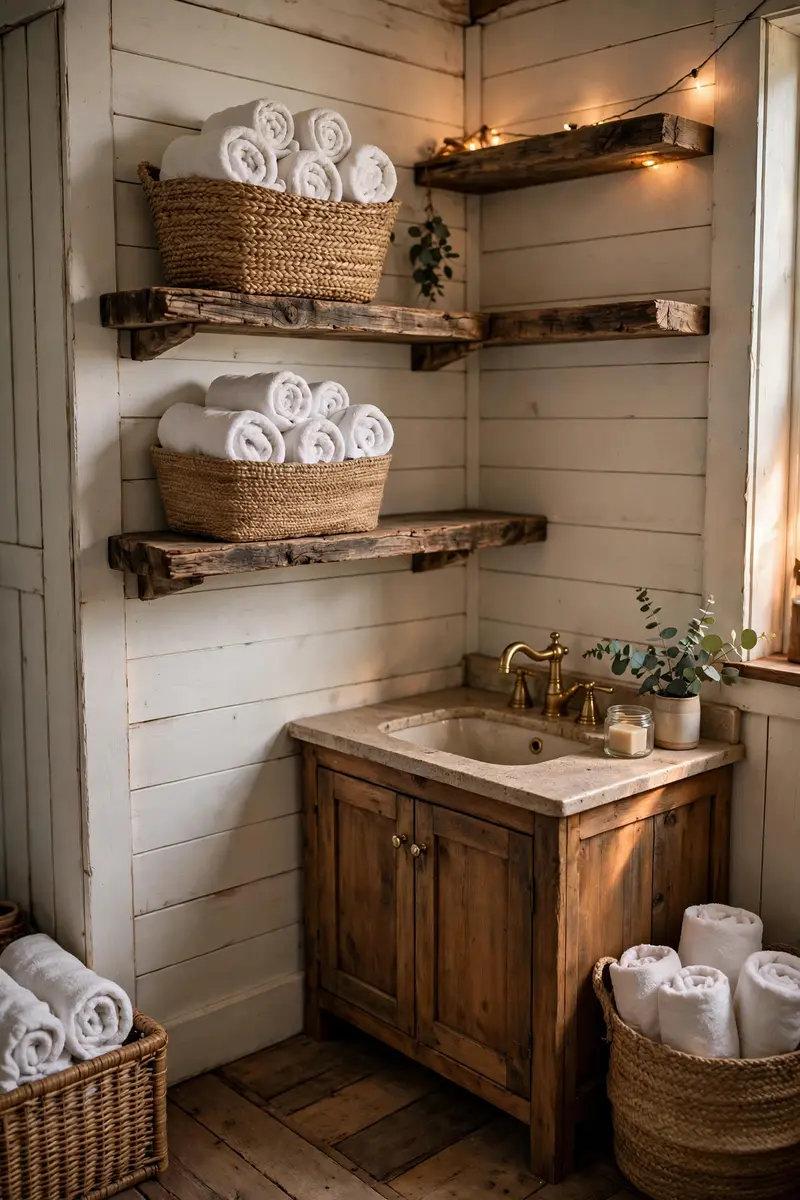 Woven jute baskets holding rolled towels on shelves in a farmhouse bathroom