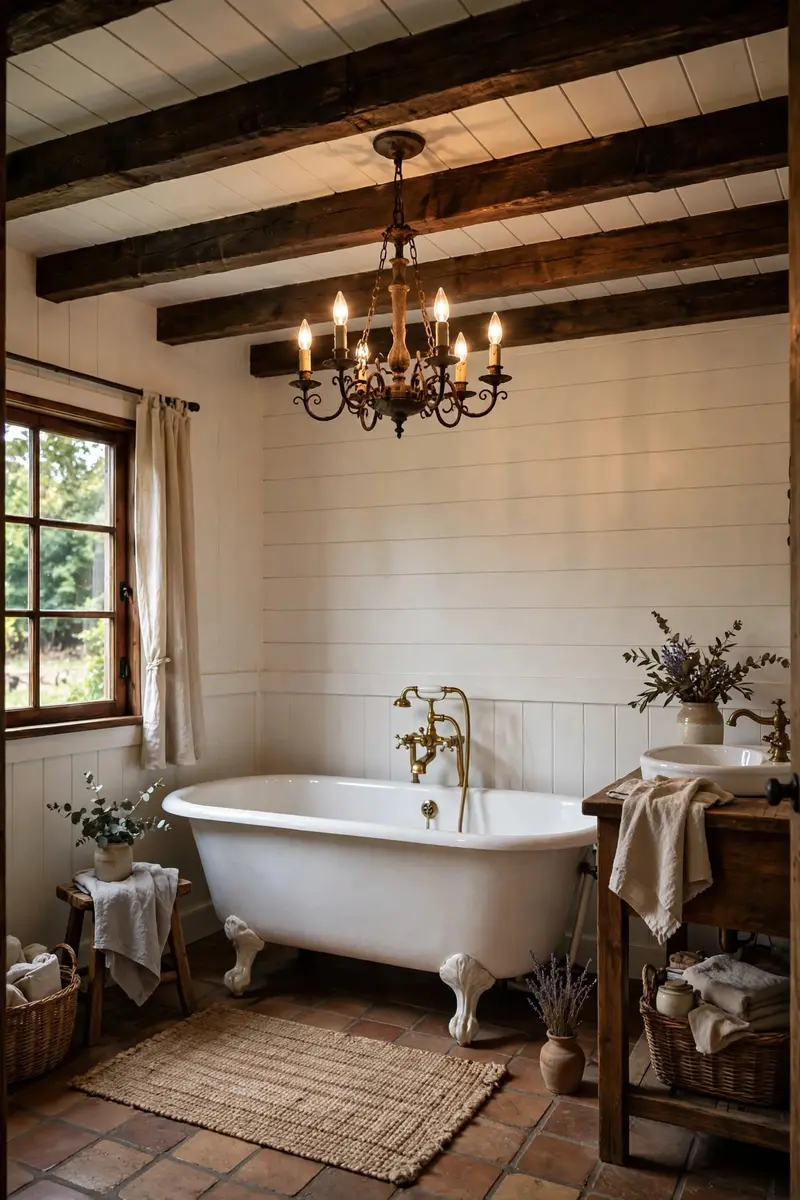 Exposed dark wood ceiling beams in a farmhouse bathroom with chandelier