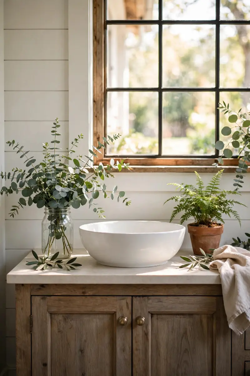 Fresh eucalyptus sprigs in a mason jar on a farmhouse bathroom vanity