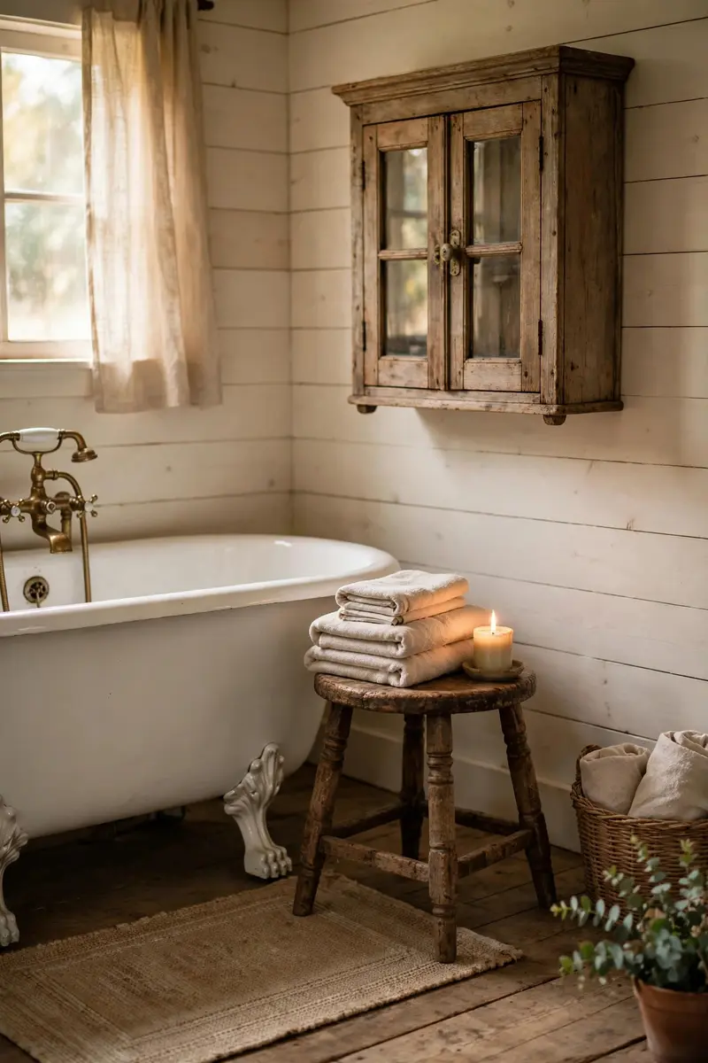 Antique wooden stool with towels and candle beside a clawfoot tub