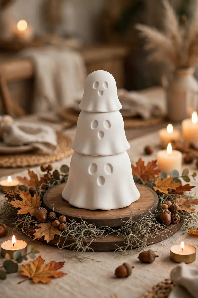 Dollar tree halloween decor DIY ideas — stackable ghost centerpiece with Spanish moss on a wood charger