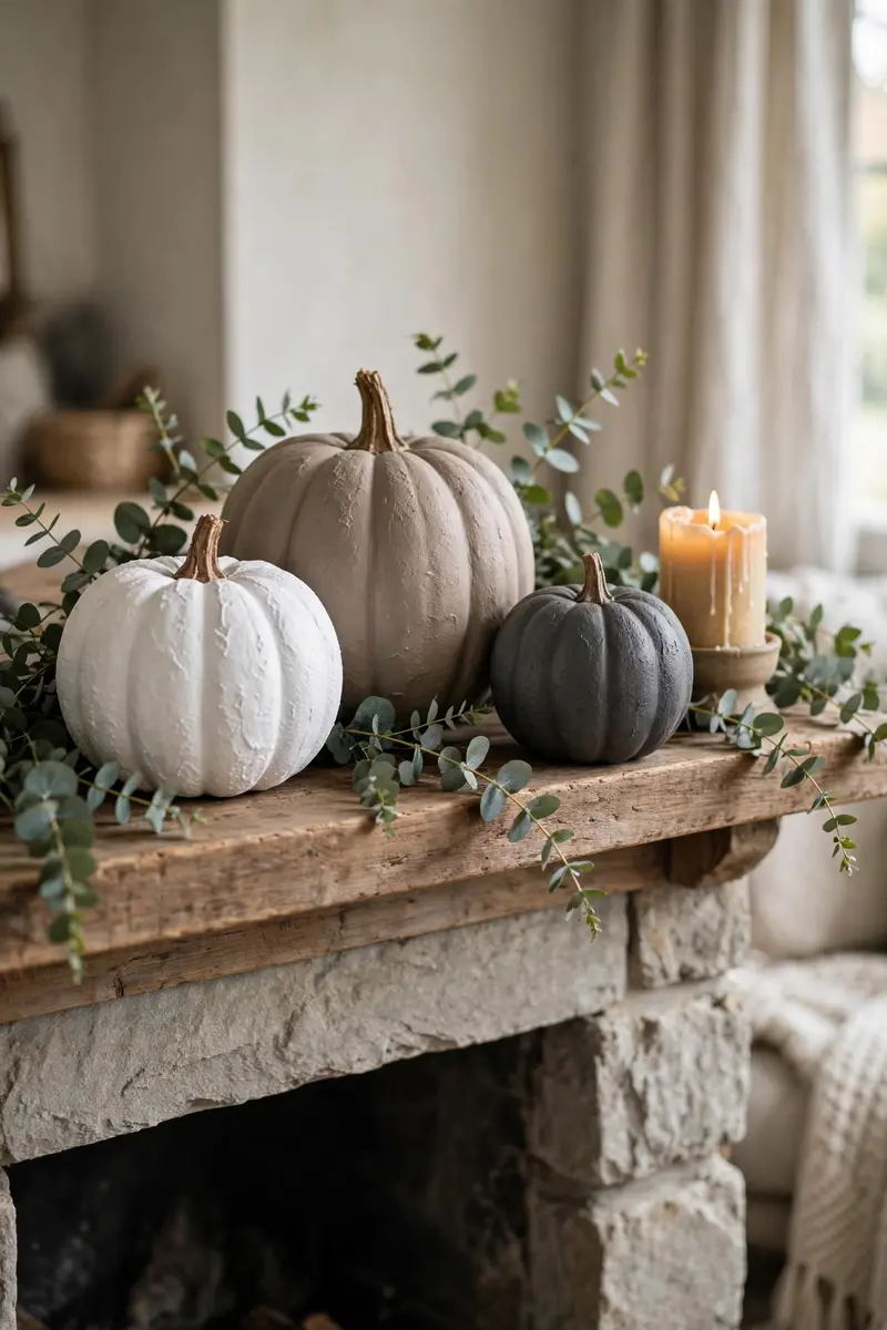 Dollar tree halloween decor DIY ideas — faux-ceramic painted pumpkins on a mantel with candlelight