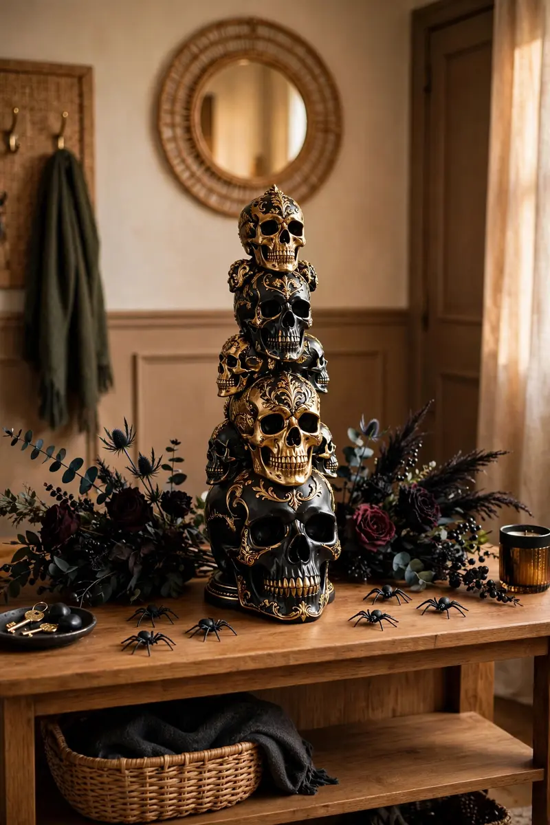 Dollar tree halloween decor DIY ideas — black-and-gold skull tower on an entryway console