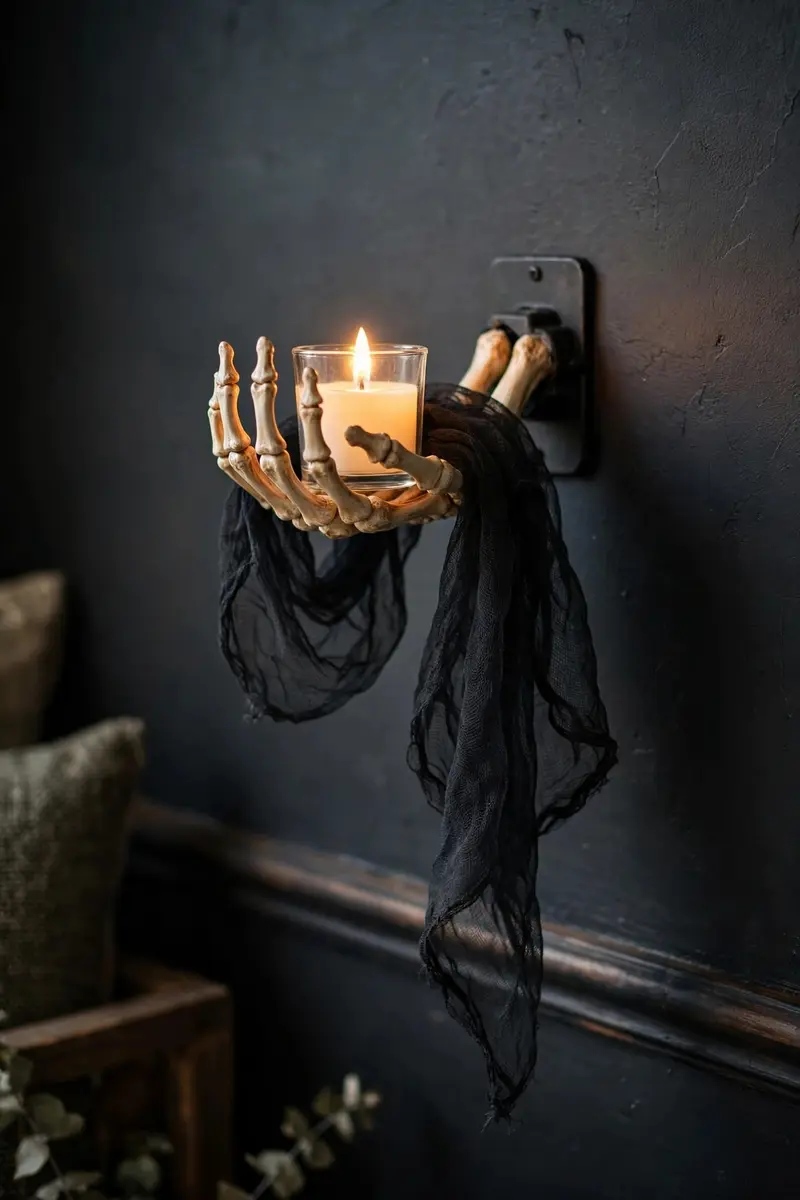 Skeleton hand wall sconce holding an LED candle with black gauze
