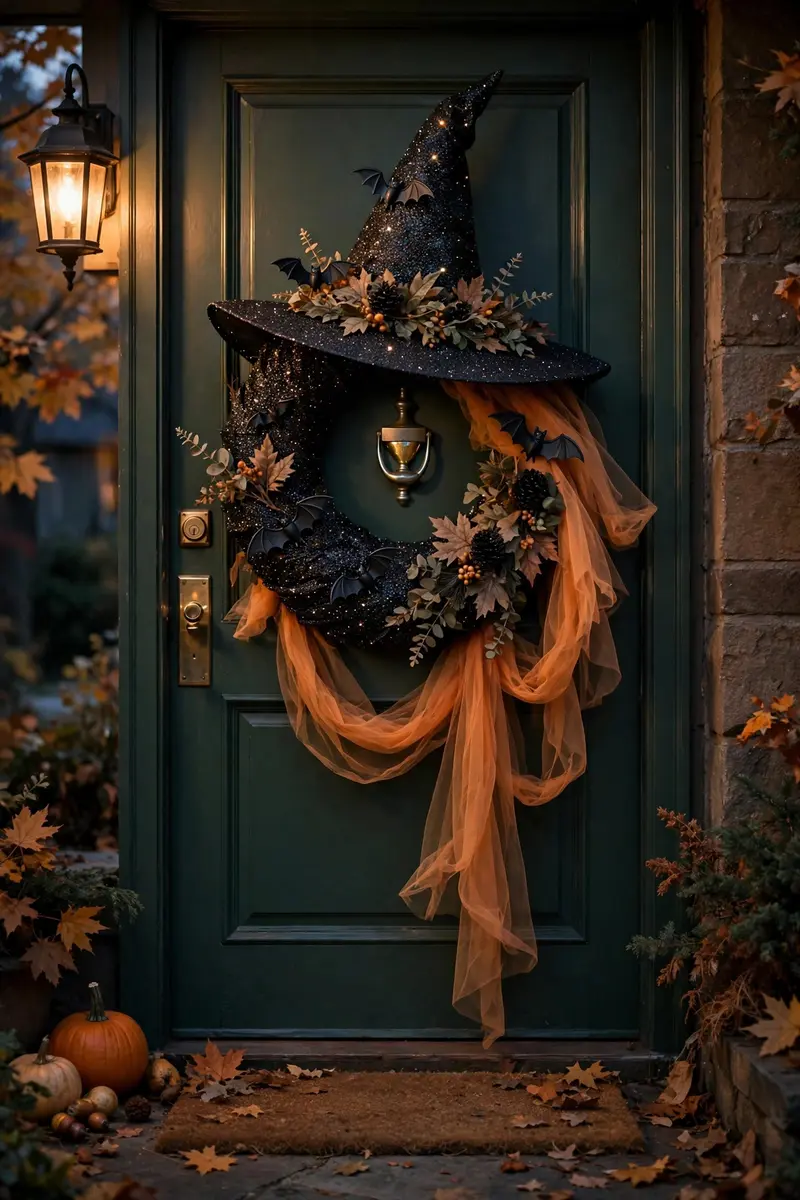 Glittery witch's hat wreath with plastic bats on a front door
