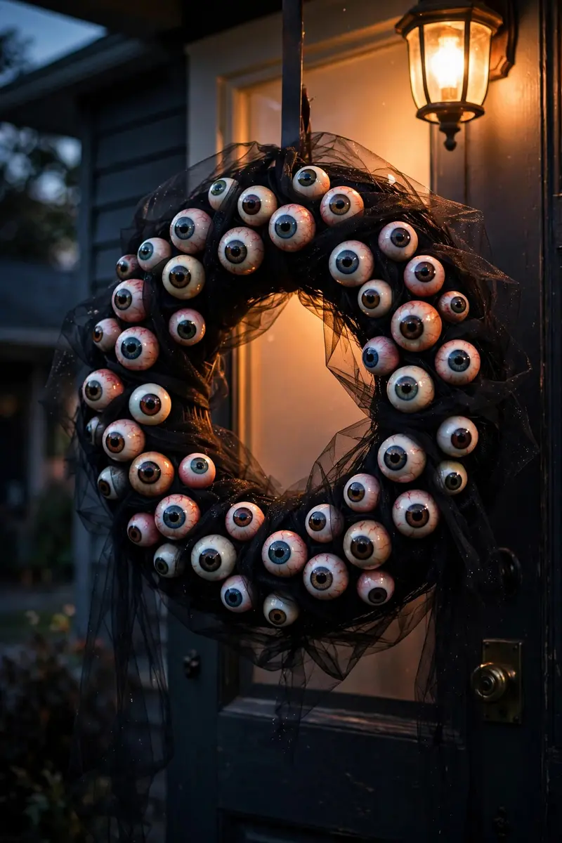 Creepy eyeball wreath on black tulle hanging on a front door at dusk