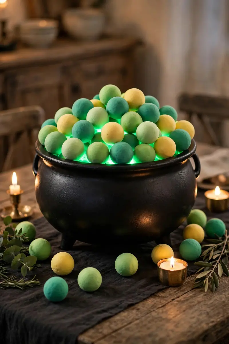 Bubbling cauldron centerpiece with foam balls and green LED glow