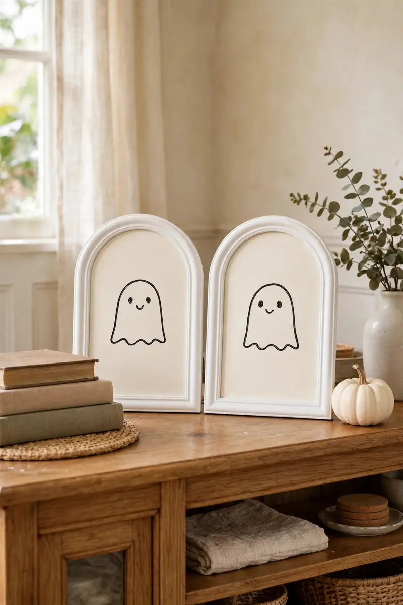 White arched frames with hand-drawn ghost faces on a console table