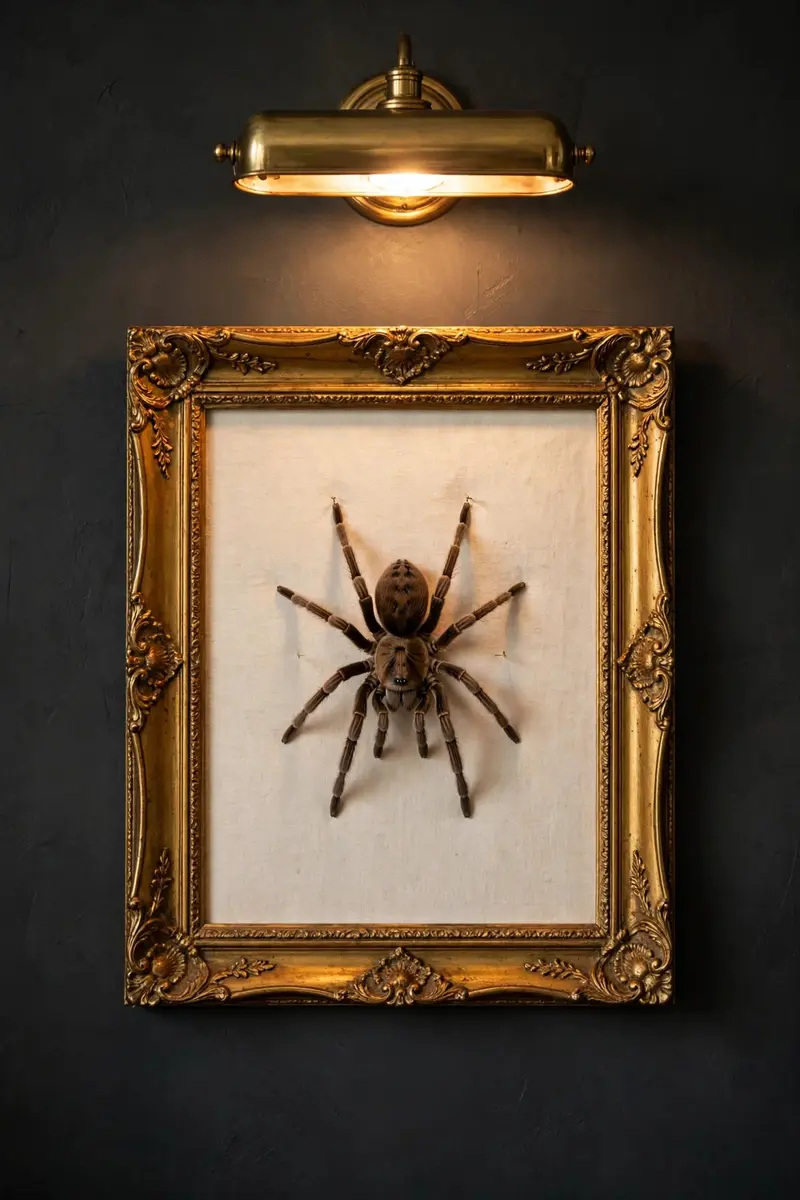 Fake taxidermy spider in a gold frame on a charcoal wall
