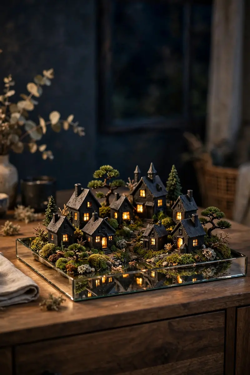 Haunted village of black ceramic houses with glowing windows