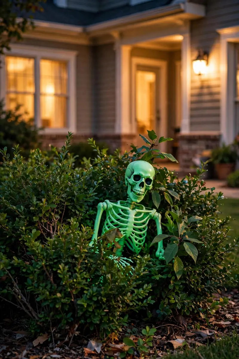 Glow-in-the-dark skeletons in a front yard at night