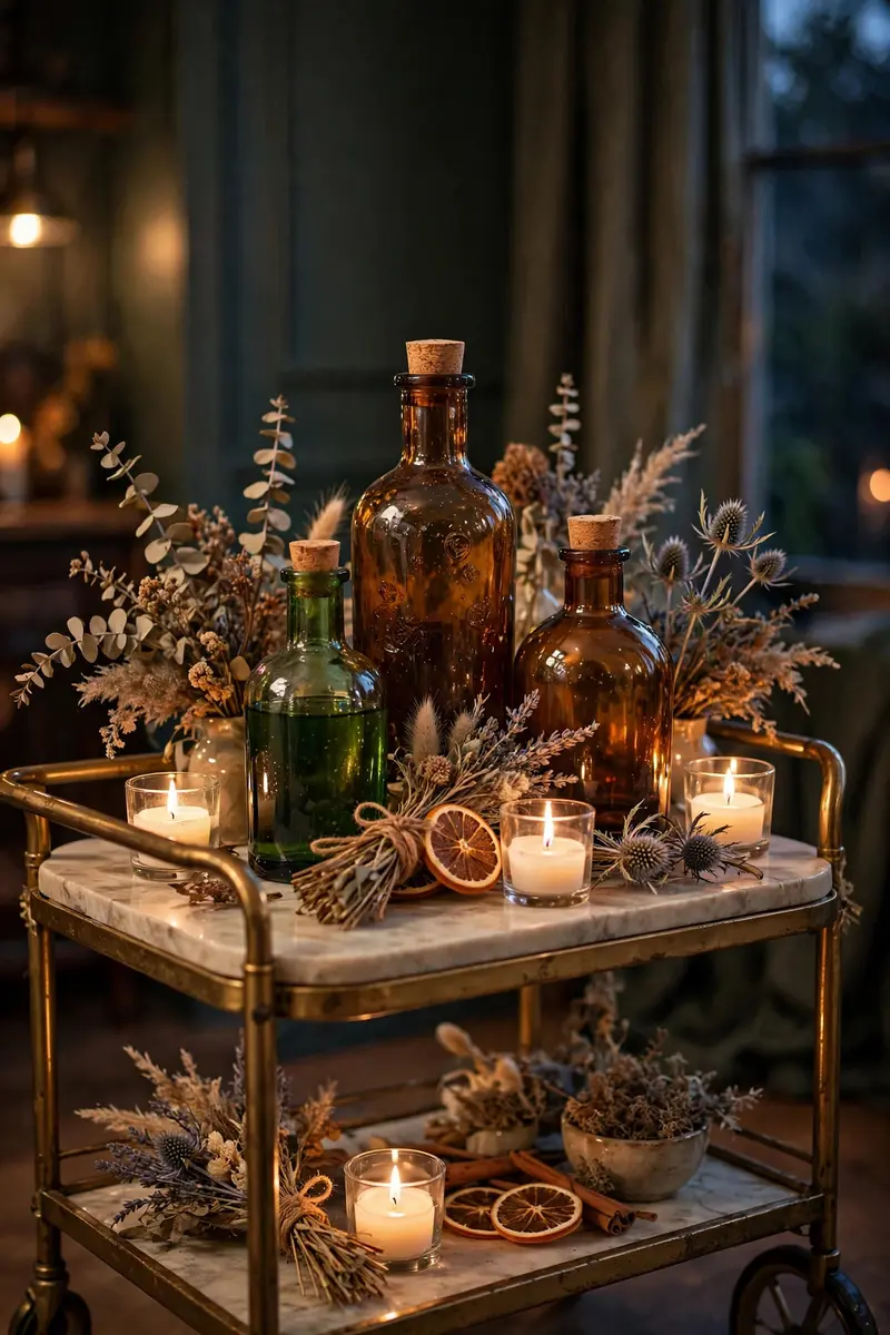Halloween potion bottles on a bar cart with dried flowers