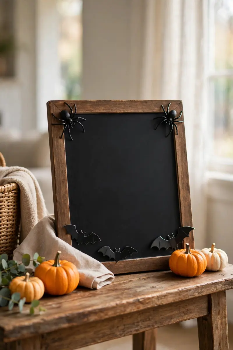 Spooky chalkboard sign decorated with spiders on an entryway table