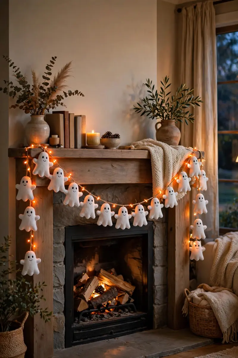 Ghost garland draped across a fireplace mantel with fairy lights