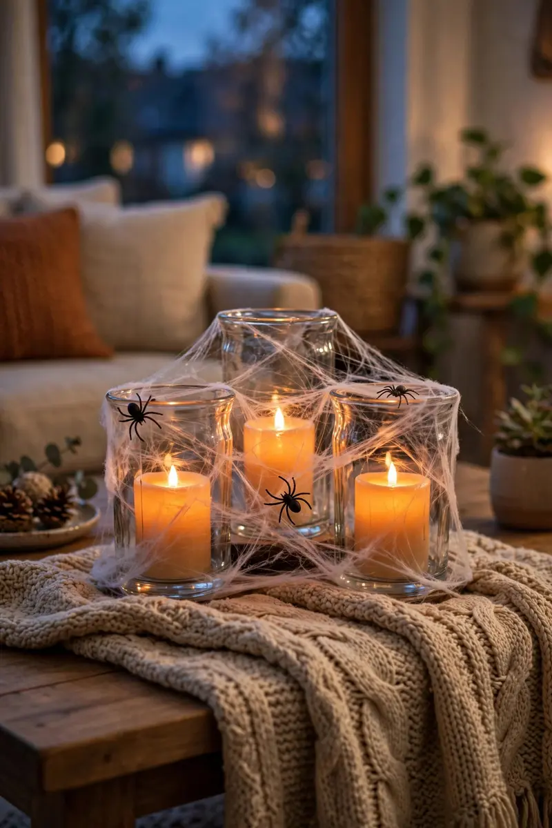 Glass candle holders wrapped in faux spider webbing with orange candles