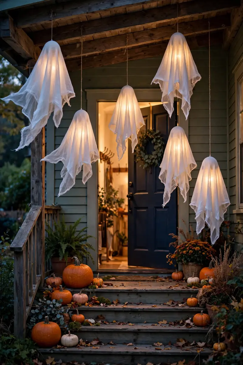 halloween porch decor ideas — floating cheesecloth ghosts glowing over a front porch at dusk