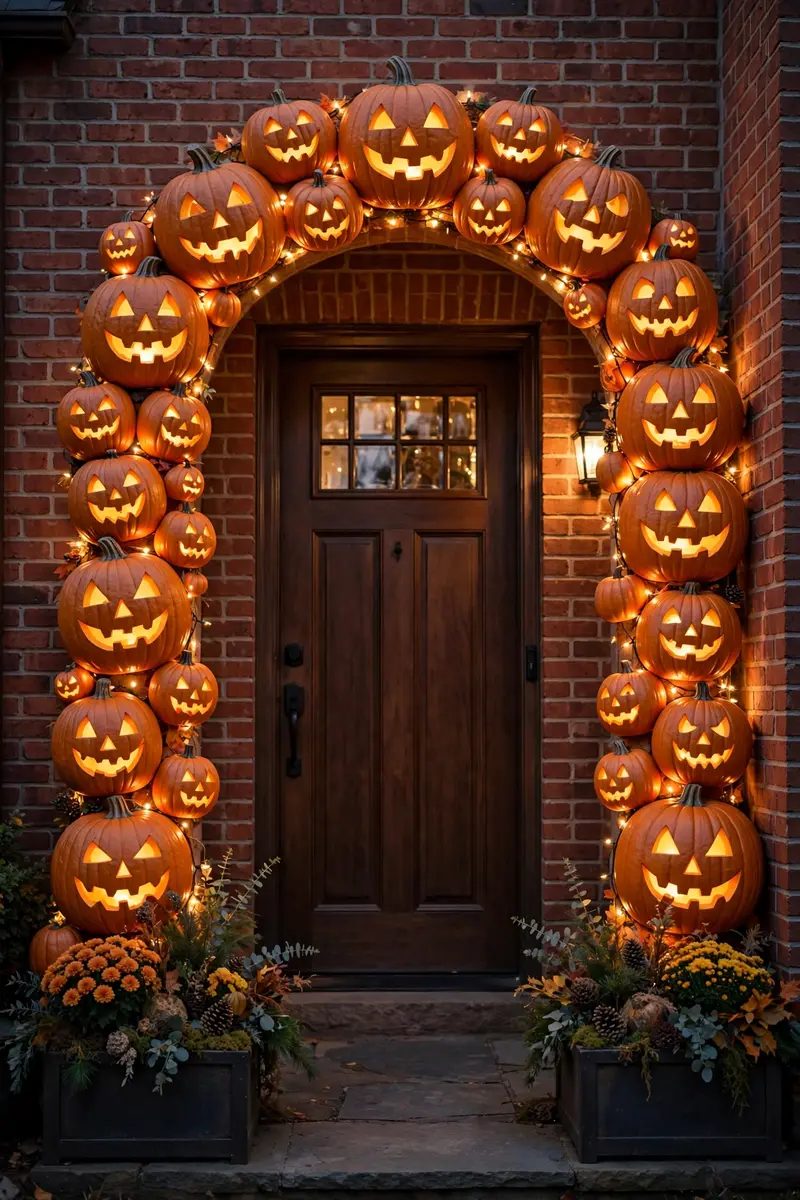 halloween porch decor ideas — pumpkin archway with fairy lights over the front door