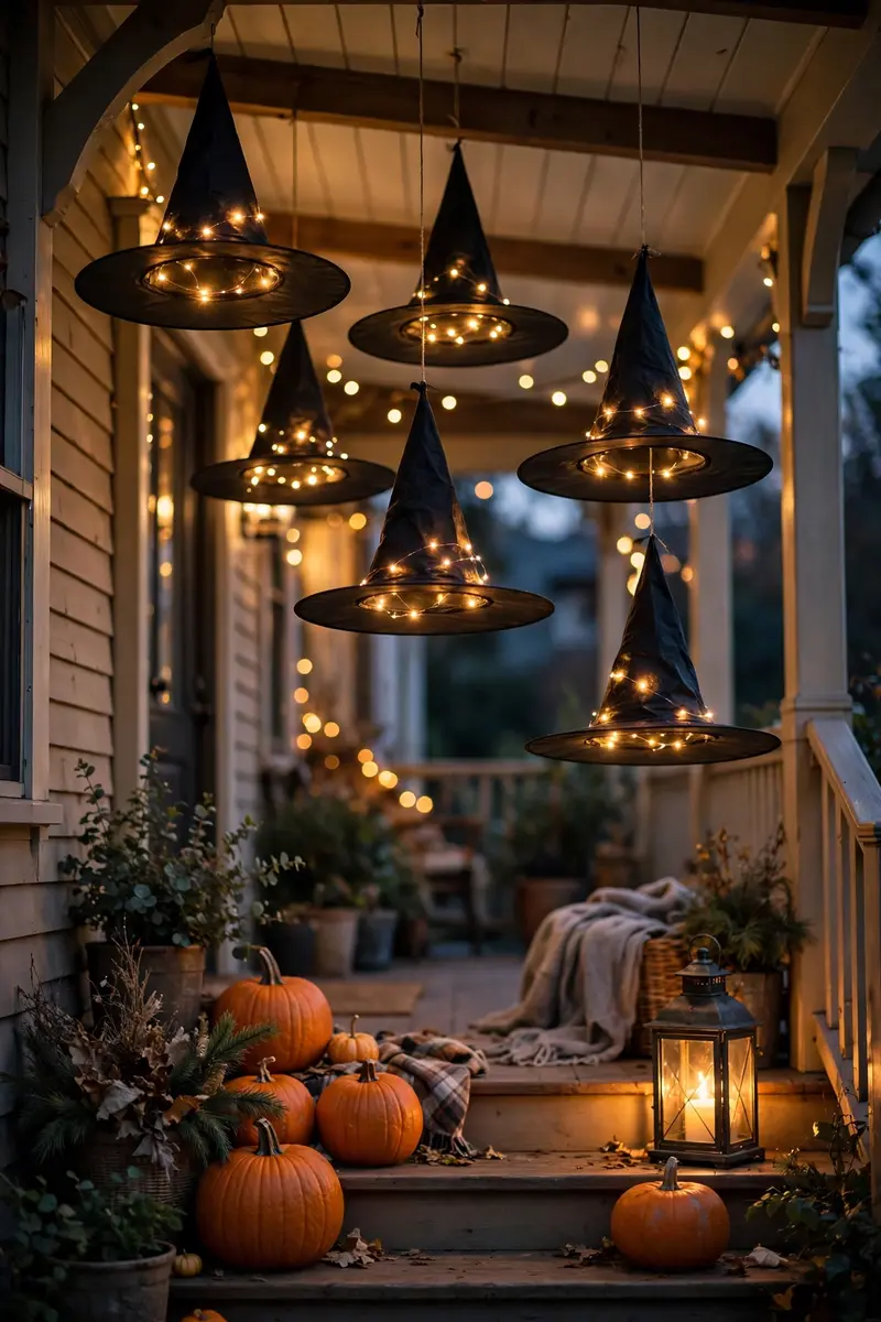 Witch hat luminaries with fairy lights hanging from a porch ceiling