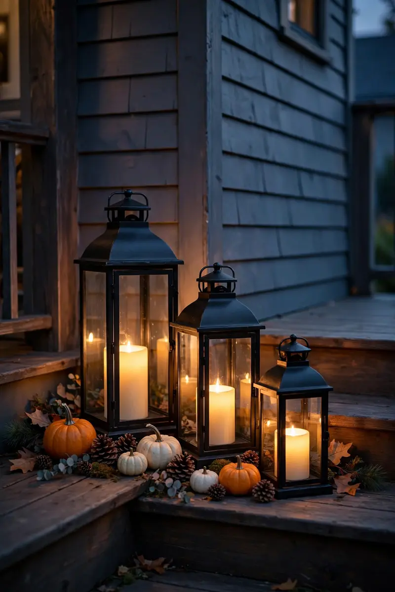 Black lantern cluster with LED candles on porch steps