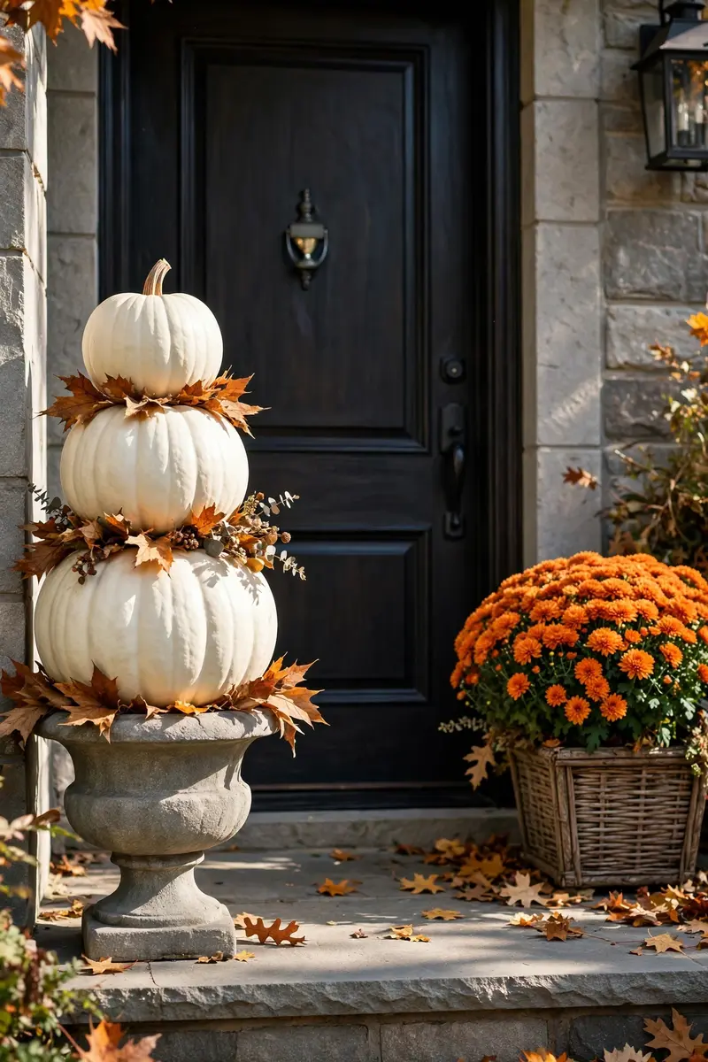 White pumpkin topiary stacked on a stone urn by the door