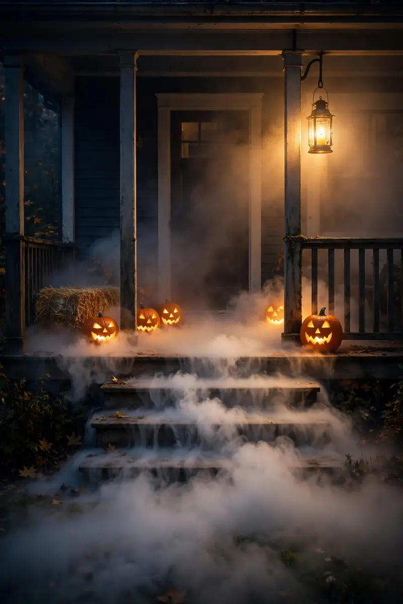 Low fog mist rolling across a porch with glowing pumpkins