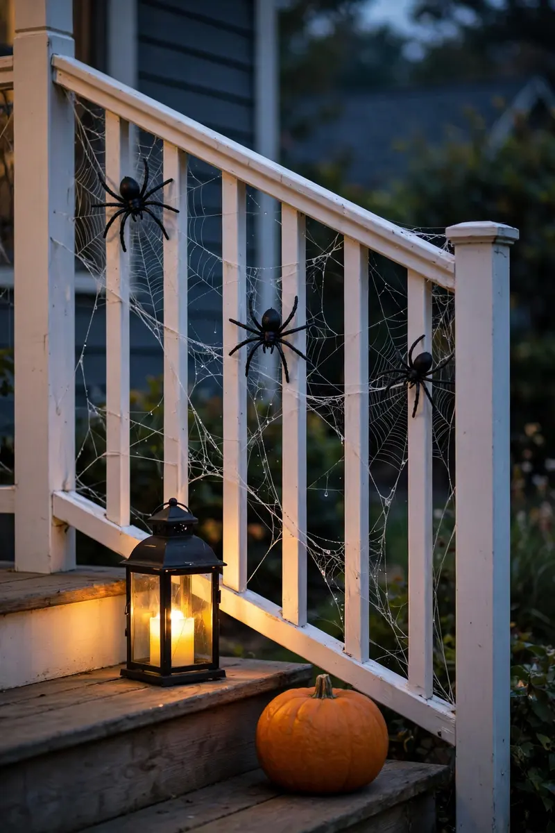 Spiderwebs stretched across a porch railing with black spiders