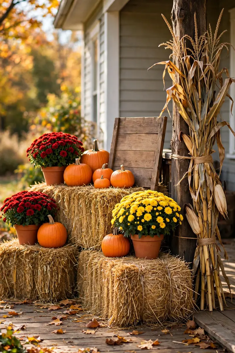 Hay bales stacked with pumpkins, mums and cornstalks on a porch