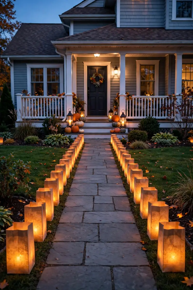 Paper bag luminaries glowing along a front walkway at dusk