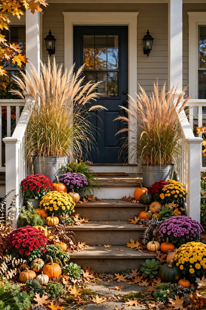 Colorful mums and ornamental grasses framing porch steps