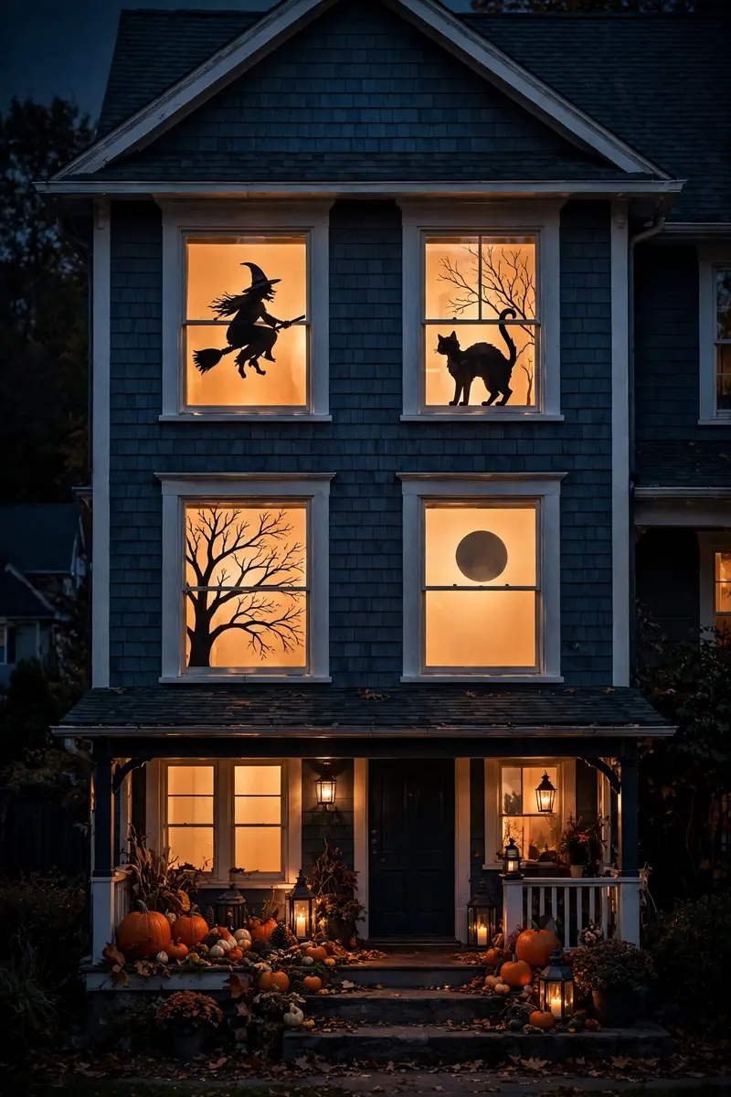 Glowing window silhouettes of a witch, cat, branches and moon