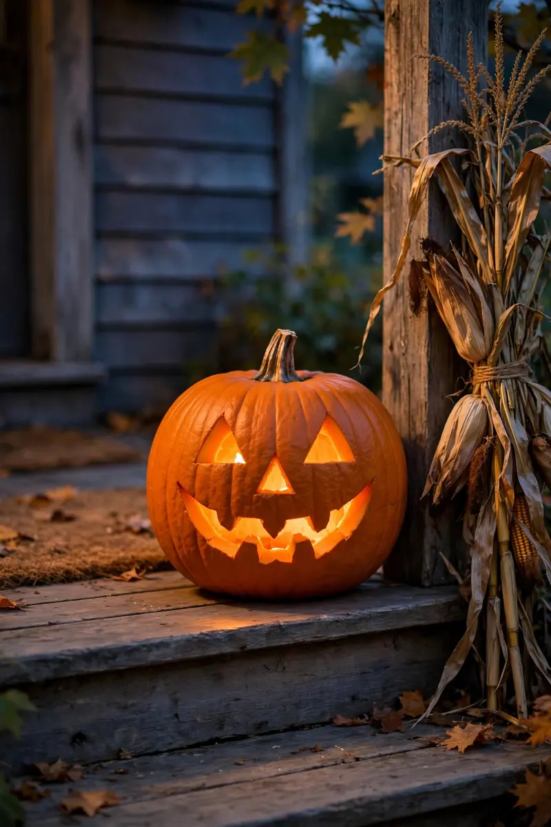 Pumpkin carving ideas: classic triangle-eyed jack-o'-lantern glowing on porch steps at dusk