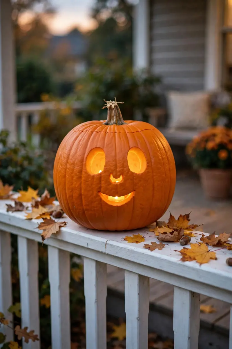 Pumpkin carving ideas: friendly carved ghost pumpkin with oval eyes on a white porch railing