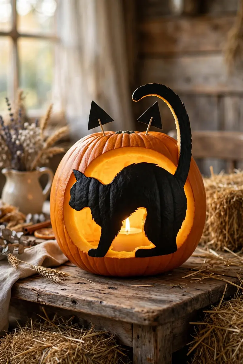 Pumpkin carving ideas: black cat silhouette carved pumpkin with toothpick ears on a farmhouse table