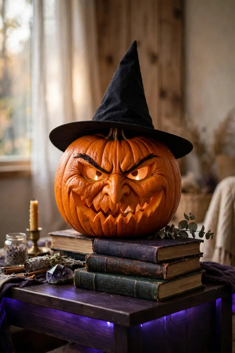 Carved witch-face pumpkin wearing a black witch hat on a purple-lit side table