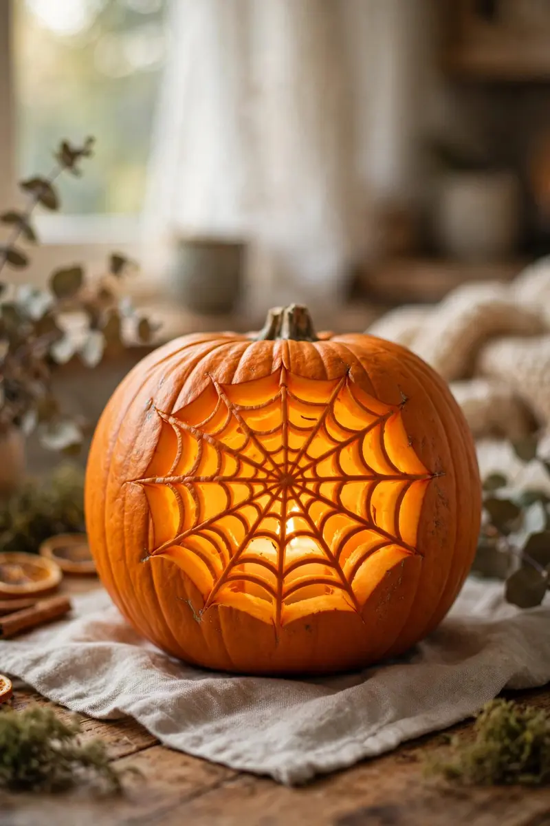 Close-up of a spider-web pattern carved into an orange pumpkin, glowing from within