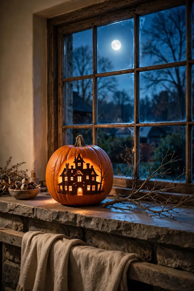 Haunted house silhouette carved pumpkin with tiny glowing windows on a stone mantel