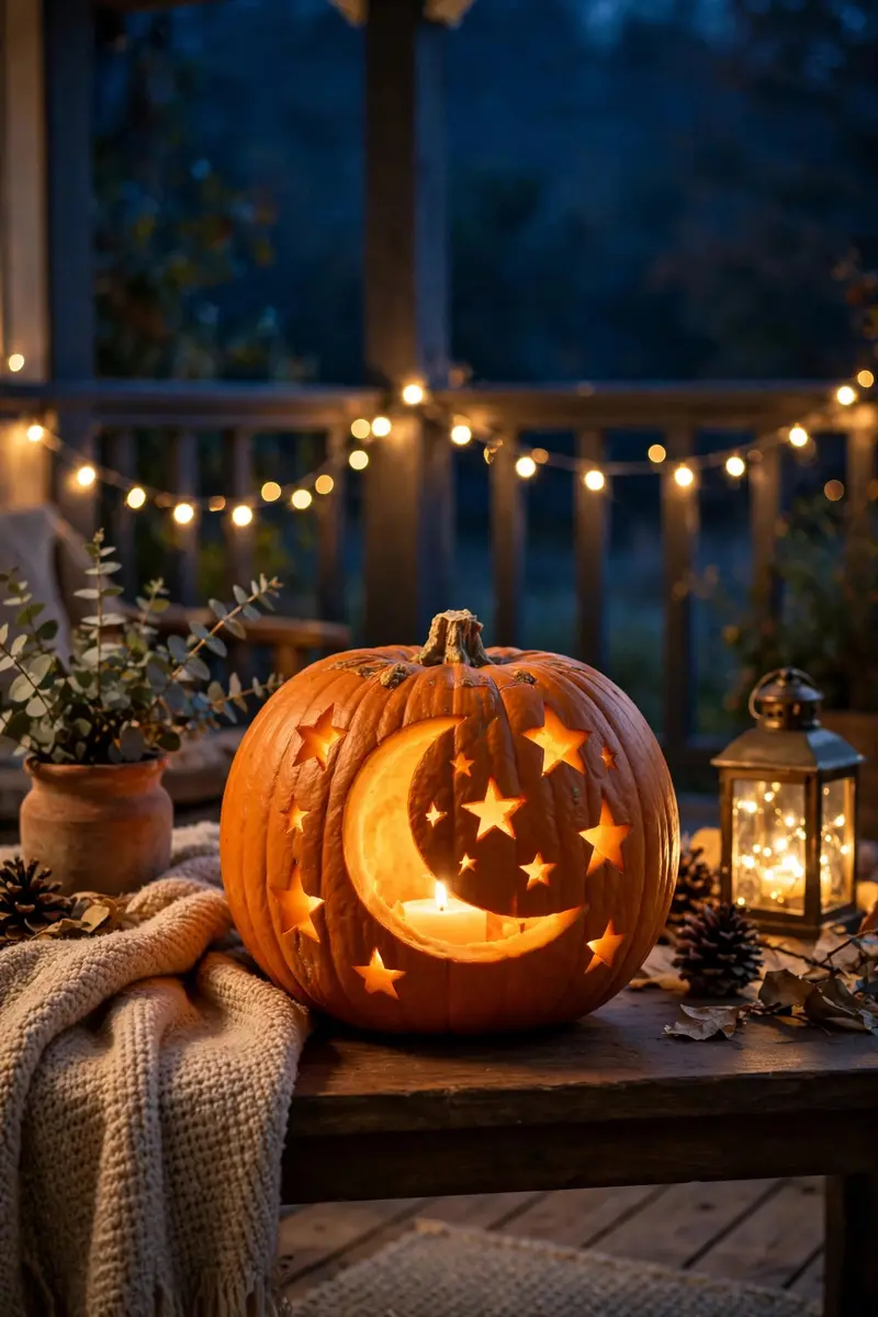 Crescent moon and stars carved pumpkin on a night porch with fairy lights