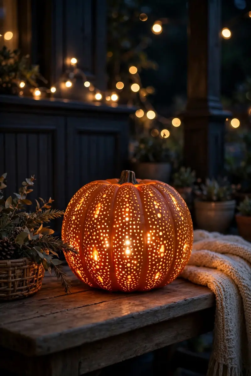 Drilled polka-dot pumpkin lantern glowing with hundreds of tiny light dots